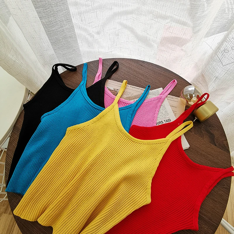 

OUMEA Basic Knitted Crop Tops Summer Solid Candy Color Spaghetti Strap Simple Rib Knit Cami Tops Female Sleeveless Rib Crop Top