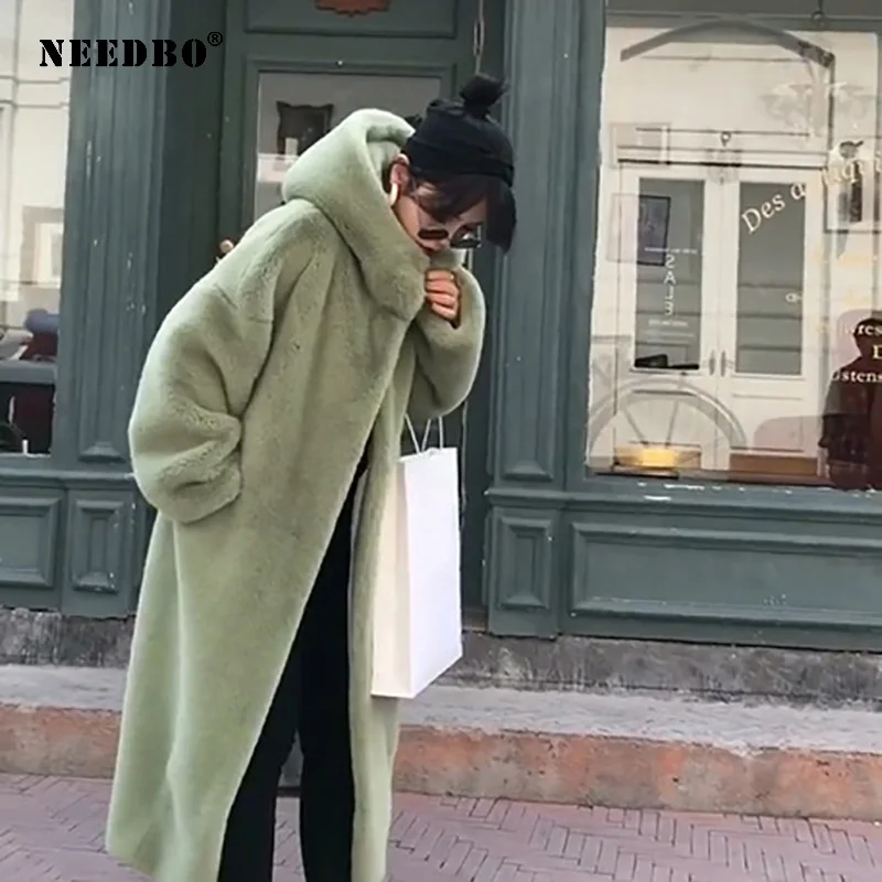 NEEDBO Luxury Faux Fur Coats Women Winter New Fashion Long Fur Jacket Hooded Parkas Loose Warm Outwear Support wholesale