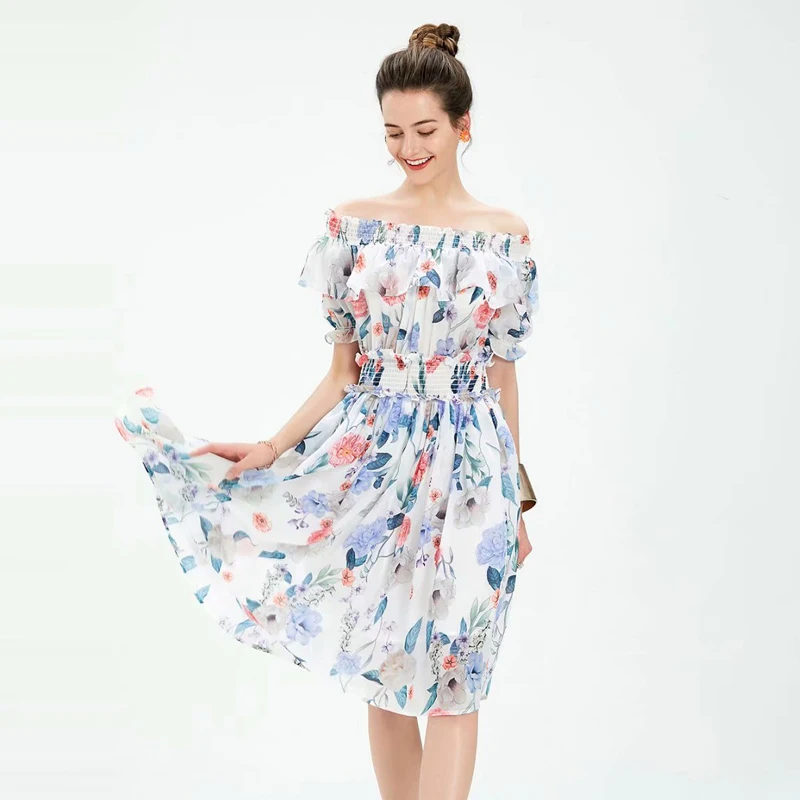 

Designer High Quality 2021 Summer New Women Fashion Party Casual Sexy Beach Vintage Elegant Chic Slash Neck Print Chiffon Dress