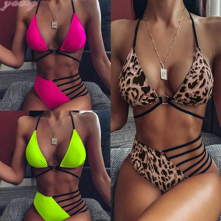 

Split Leopard Print Hollow Swimwear Women Thong 2 Piece Swimsuit Push Up Bathing Suit High Cut High Waist Bikini Set Swim Beach