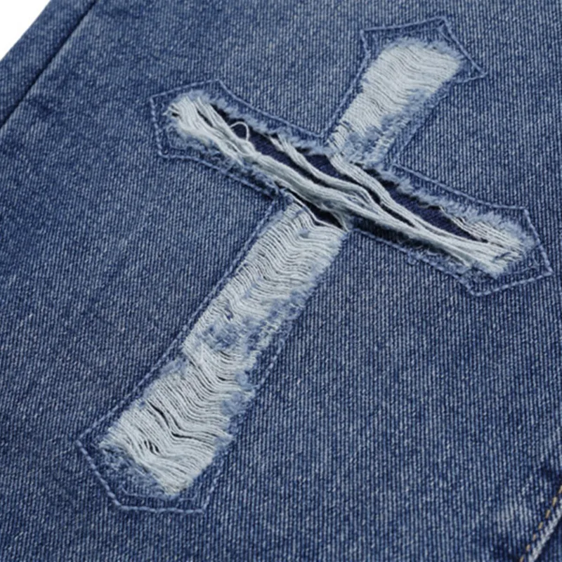 2021 New Arrival Cross Skull Embroidery Hole Ripped Men Vintage Jeans Trousers Hip Hop Oversize Straight Women Denim Wide Pants