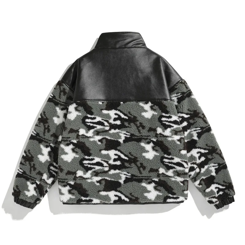 Men's fashion loose lamb-like wool coat plus velvet thick stitching leather imitation lamb wool cotton winter warm jacket