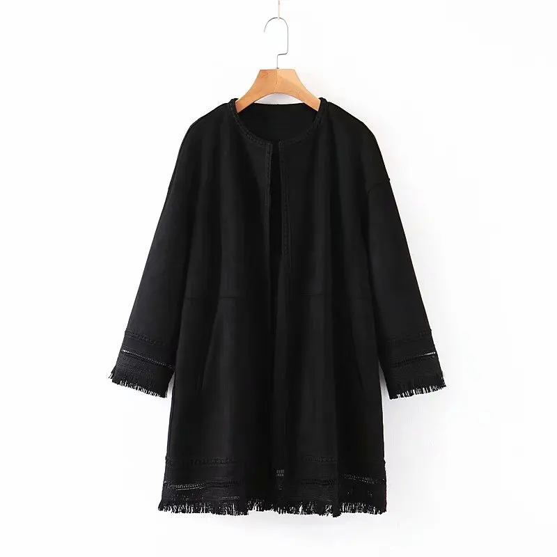 Повседневное Черное Женское пальто 2019 весна осень новая мода о образный вырез