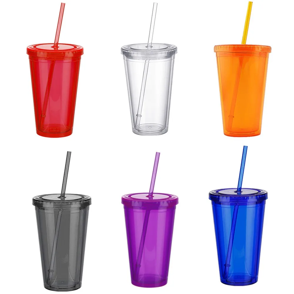 

1Pcs 500ml Smoothie Plastic Iced Tumbler Double-Walled Ice Cold Drink Coffee Juice Tea Travel Cup Bottle Mug With Straw