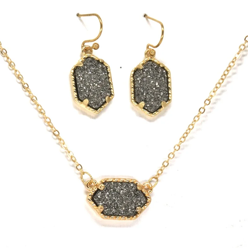 Druzy Drusy ожерелье серьги ювелирный набор с камнем из смолы золотые шестигранные