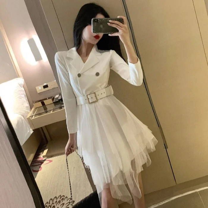 

Autumn Fashion Elegant Suit Collar Mesh Cinched Irregular Ninth-Sleeve Dress