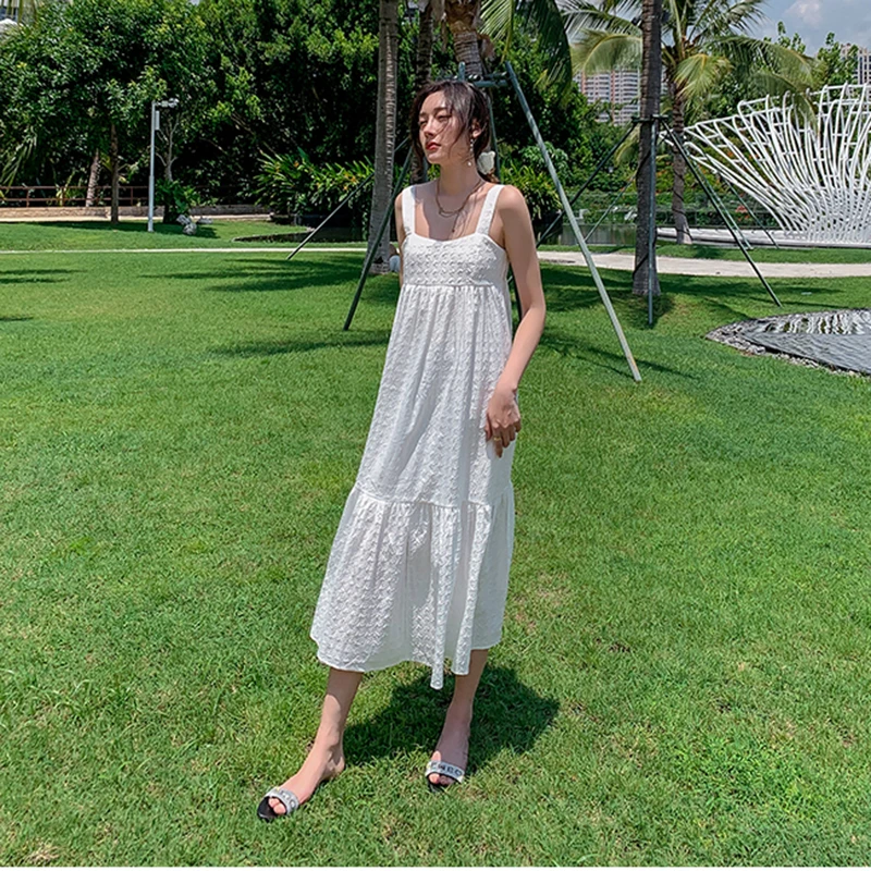 

Women Long White Backless Slip Dress Sundress Summer 2021 Runway Elegant Korean Fairy Beach Vacation Party Night Dresses Clothes