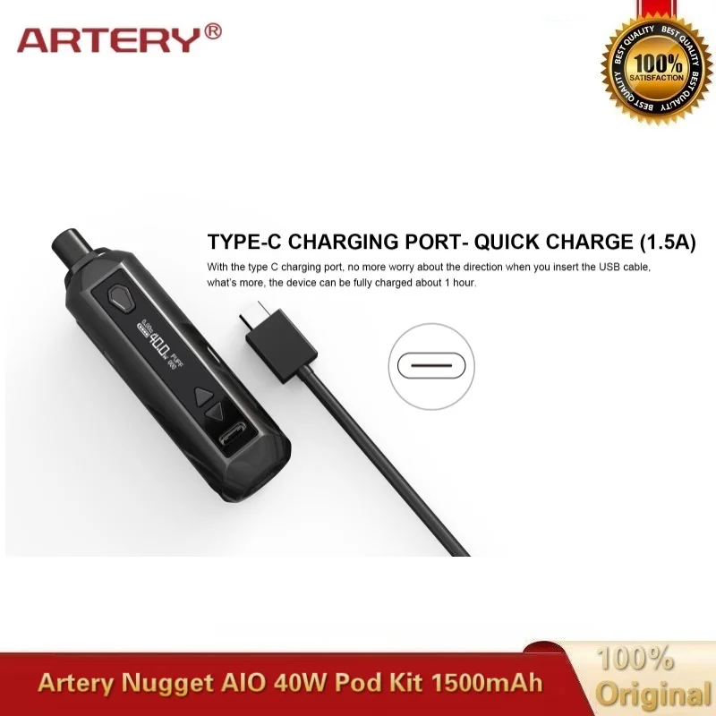 Оригинальный артерия Nugget AIO Vape Kit Макс 40 Вт 1500 мАч батарея с 2 мл бак и RBA катушки мод