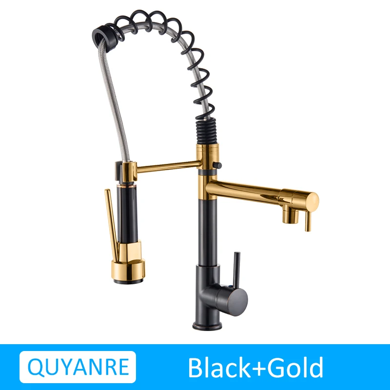 BLACK GOLD Quyanre Матовый никель черный кухонный кран выдвижной спрей двойная функция поток воды поворотный Носик Одной ручкой смеситель раковина - Цвет: BLACK GOLD