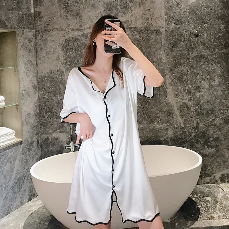 

Short Sleeve Home Dressing Gown Casual Nightdress Sleepwear Satin Nightgown Women Sexy Short Homewear Button-down Nightwear