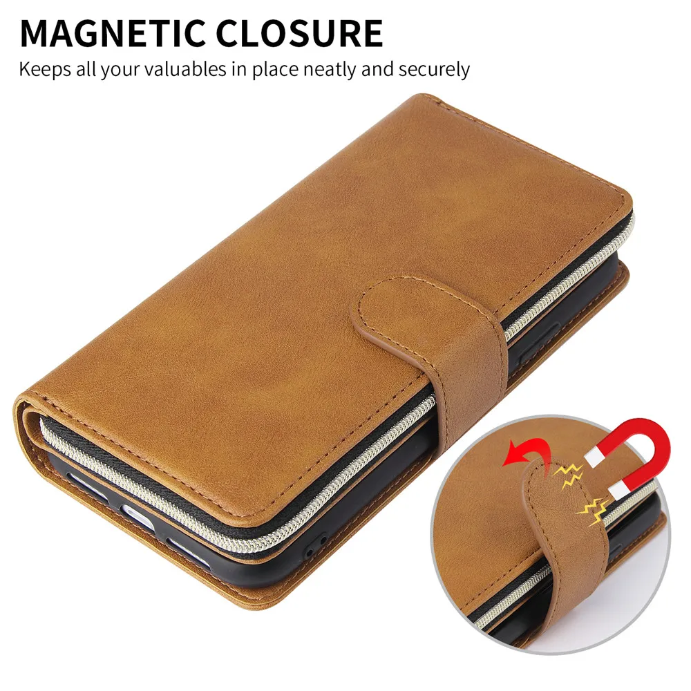Luxury Leather Zipper Wallet Case For iPhone 14 13 12 Mini 11 Pro XS Max XR X 8 7 6 6s Plus SE 2020 2022 Shockproof Phone Cover