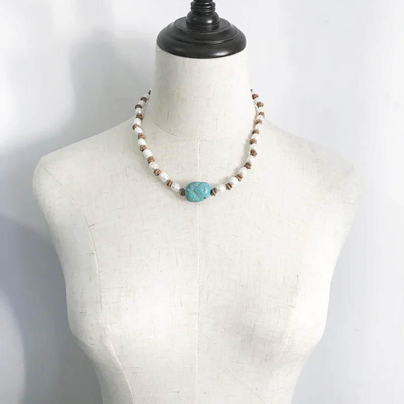 

Ожерелье ручной работы с синим камнем и жемчугом кожаная Веревка Плетеный Изысканный короткий ошейник чокер 2020 женские модные аксессуары ю...