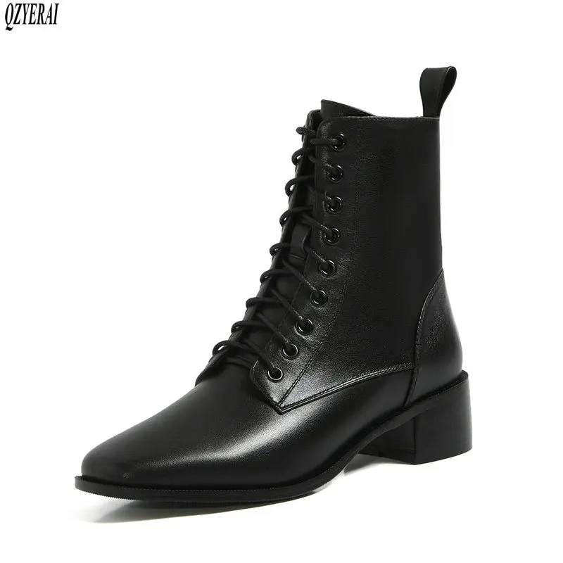 

Ankle Women boots Genuine leather Female boots Motorcycle boots New autumn/winter 2020 lace-up Women shoes cowhide Size 34-43