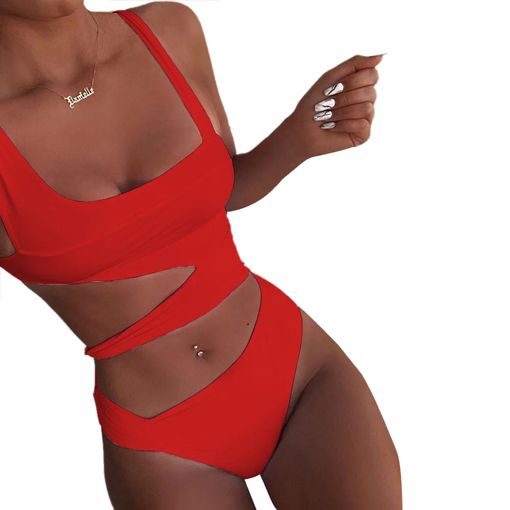 2021 New Style Solid Color Ladies Summer Swimwear Leopard Print/Polka Dot Square Collar Sleeveless Hollow Swimsuit Girl |