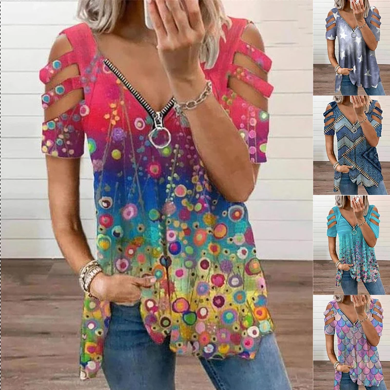 

Printed T-shirt women Summer 2021 New Sexy V-neck Zipper Strapless Short-sleeved Top Vest Fashion Casual Loose Top Shirts