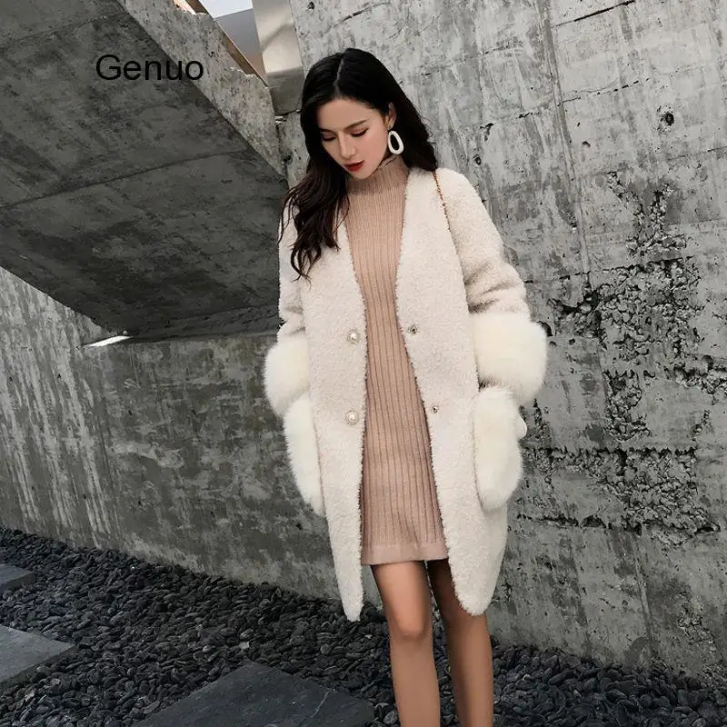 2020 Spring Women Solid Faux Fur Coats Lady Pockets Single Breastes Outwear Outerwear Female V-Neck Fur Jacket