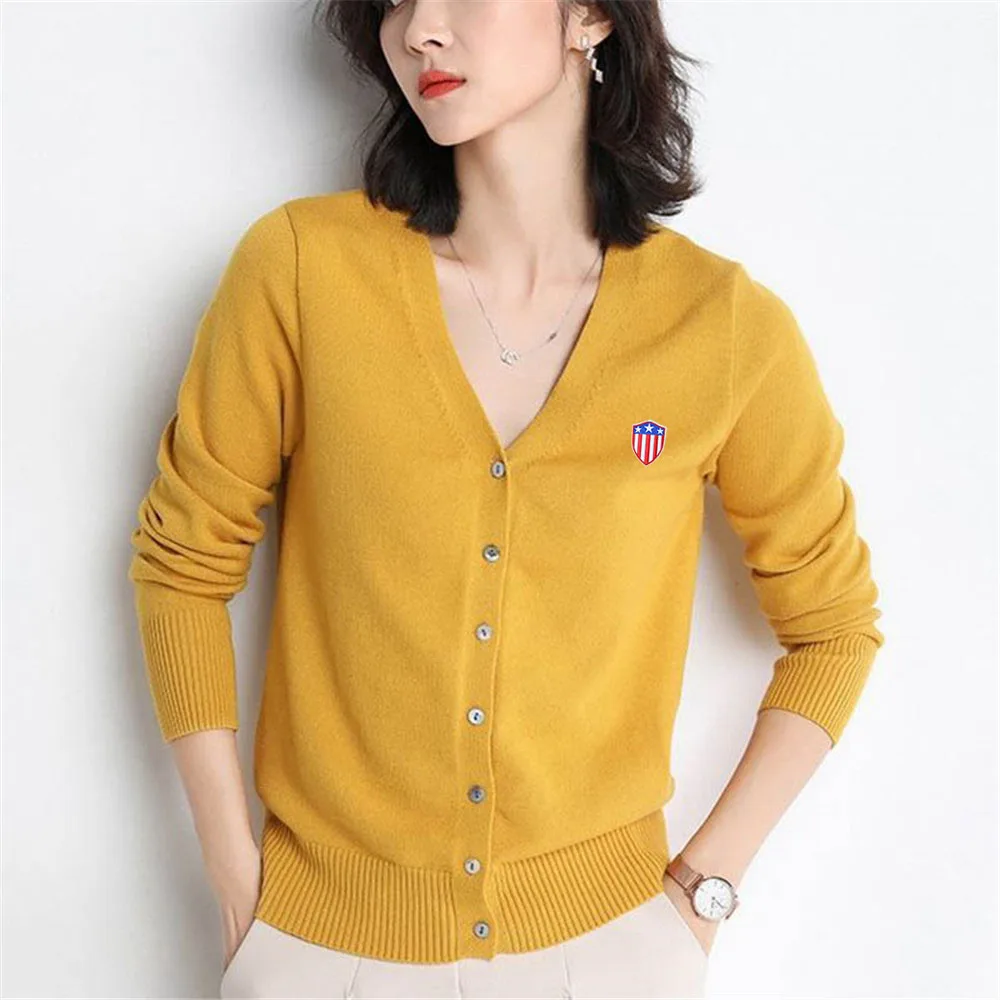 

Женский осенний кардиган, свитер с длинным рукавом, свитер с V-образным вырезом, однобортный Повседневный облегающий жакет с вышитым логоти...