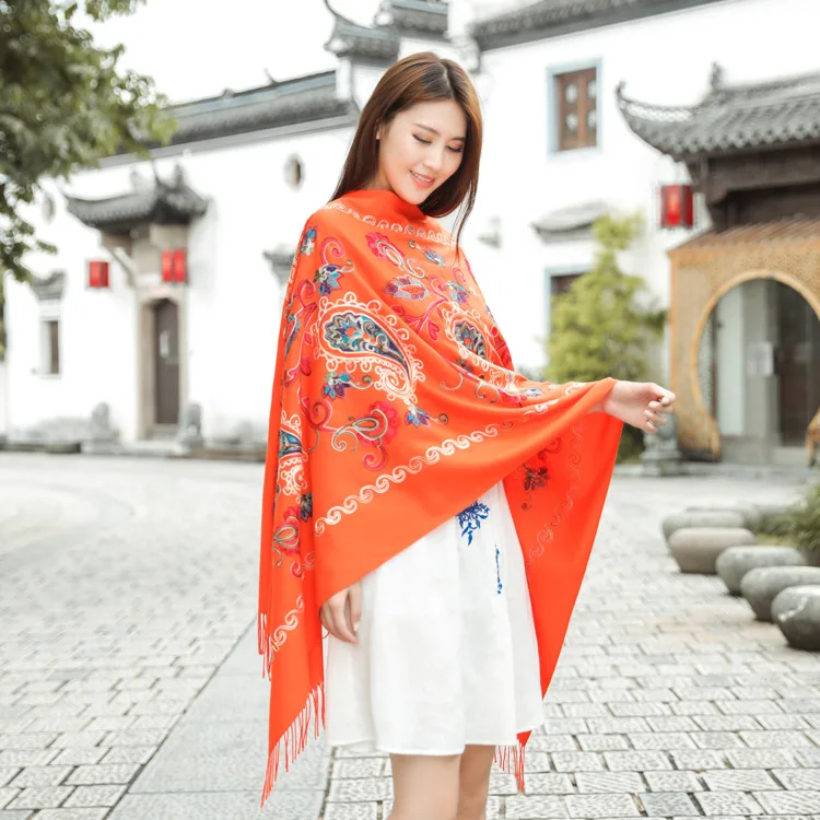 Hot New Ladies Scarf Autumn And Winter National Wind Cashew Embroidery Tassel Imitation Cashmere Shawl Travel Warm Dual Purpose |