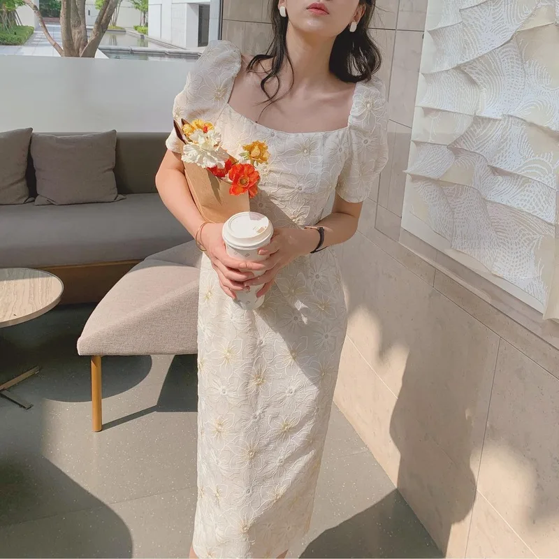 New Puff Sleeve Dress Women Summer 2020 Suqare Collar Elegant Korean Style Female Clothes Casual Mid-Calf Retro Vintage | Женская одежда