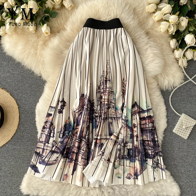 

YuooMuoo Good Quality Comfy Women Skirts Elegant Vintage Print High Waist Print Long Pleated Skirts Chic Ladies Bottoms