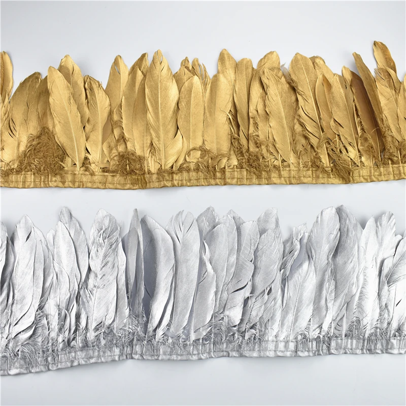 

2Meters Gold Silver Goose Feathers on Tape Trims Ribbon Craft Feather Trim Clothes Wedding Accessories Carnival Decoration Decor