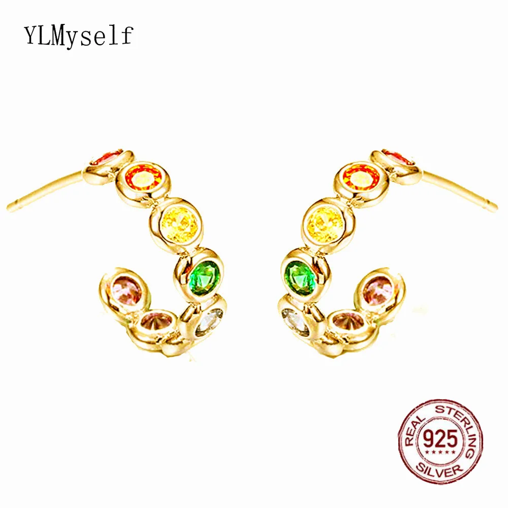 

14 mm Real 925 Sterling Silver Hoop Earrings With 8 Colors Rainbow Zircon Plated by 18k Gold Color Fine Jewelry Women