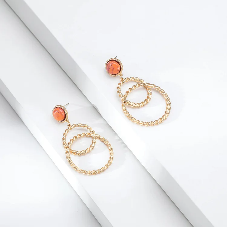 

ORNAPEADIA 2021 Retro Fashion Earrings for Women Girls Fashion OL Personality Turquoise Double Ring Twisted Flower Earrings