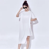 new korean irregualr loose women dresses 2022 summer simple solid color o neck short sleeve female dress back streamer stitching