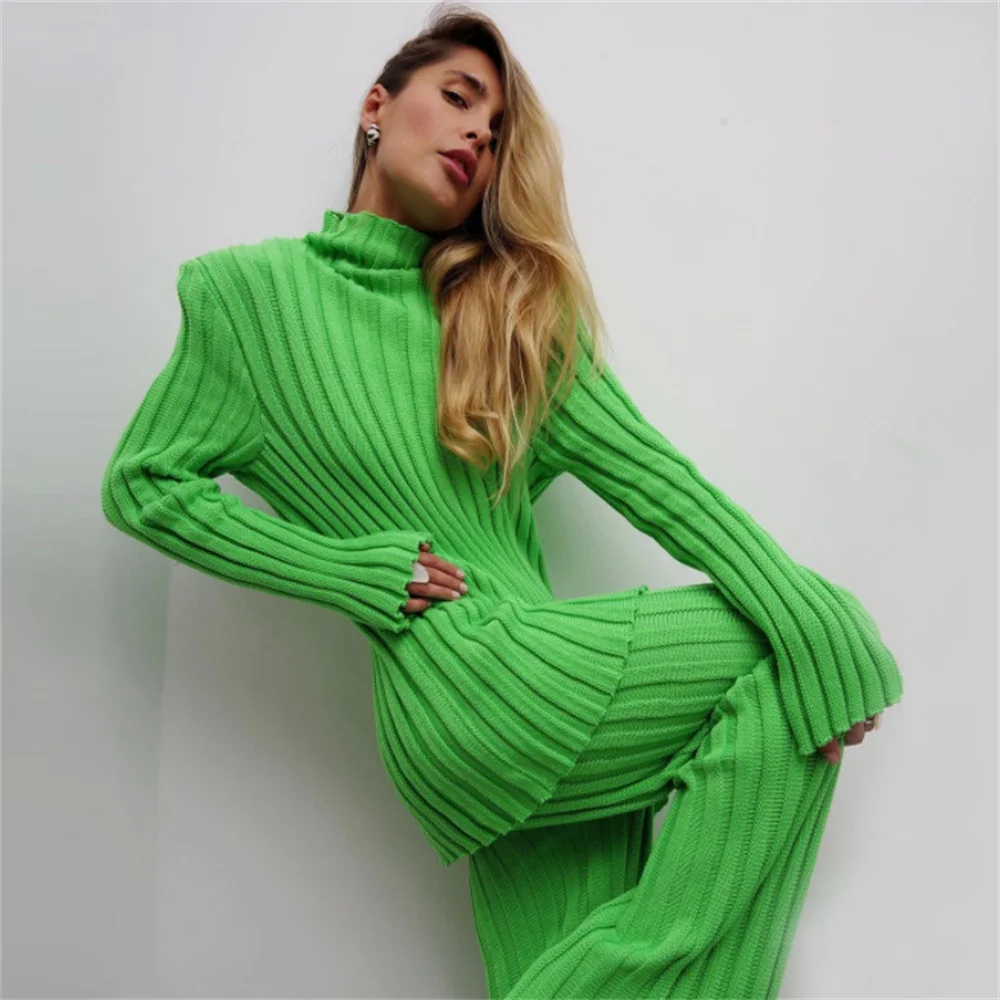 

Two Piece Set Women Party Two Piece Set Women Clubwear Ribbed Outfits Knitted Long Sleeve Sweater Top Pants Casual 2 Piece Sets