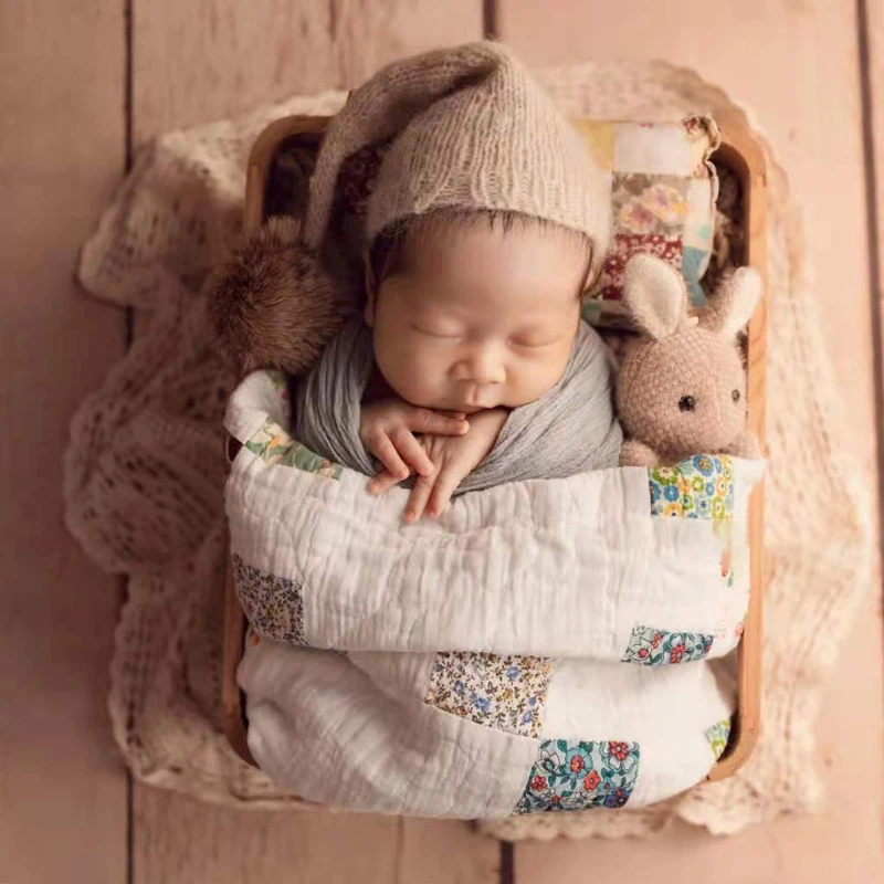 

T5EC Newborn Photography Props Basket Square Weave Wooden Box Furniture Infant Photo Shooting Fotografia Posing Accessory
