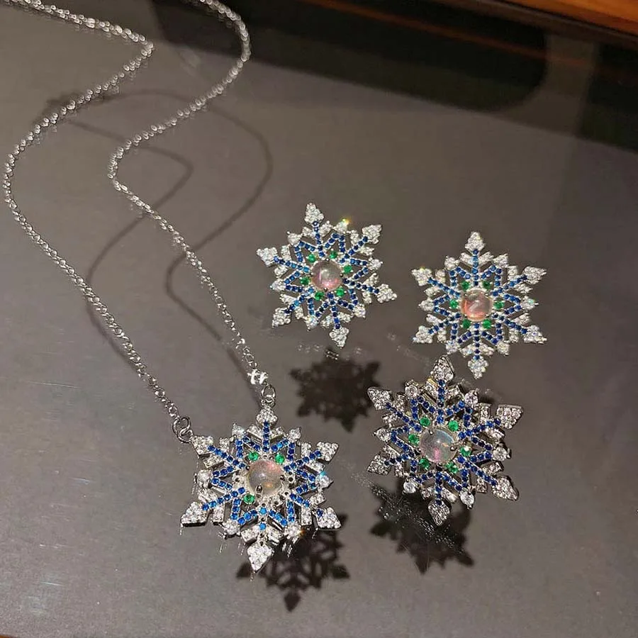 

Bright Deep Sea blue rhinestone Earrings Snowflake shiny gem Antique Ring gorgeous ladies banquet jewelry set