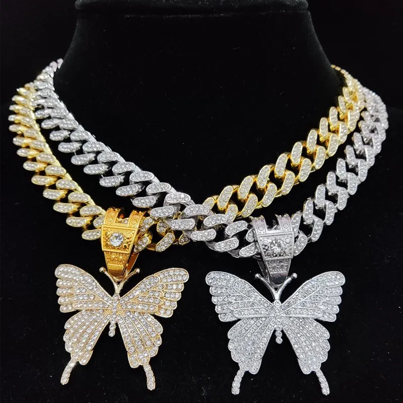 Женская Хип-хоп Кубинский Цепочка сверкающее ожерелье с подвеской-бабочкой