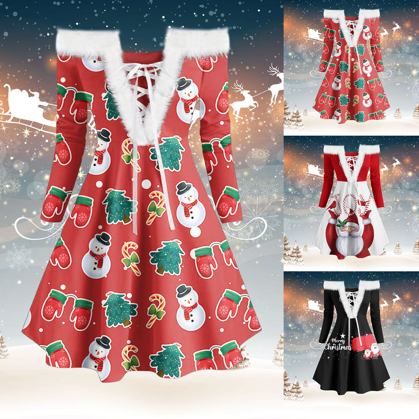 

Ladies Party Dresses Women's Dress Fur-collar Strapless Sexy Lace-up Christmas Print Retro Plush Long-sleeved Female Dress Hot