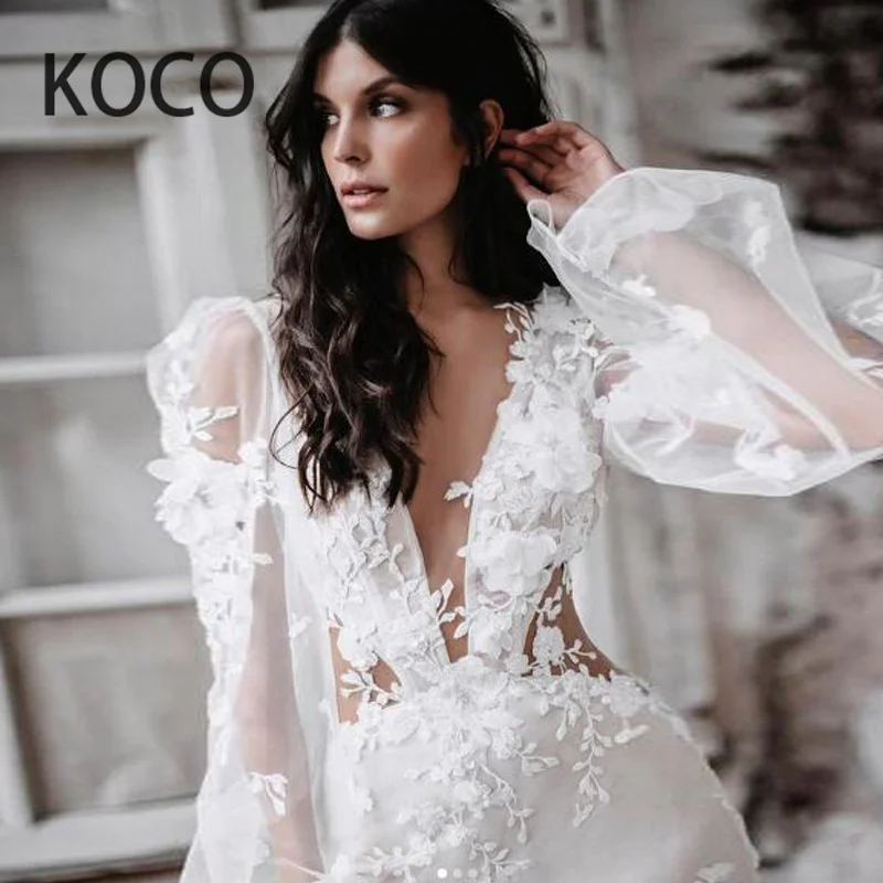 

MACDUGAL Wedding Dresses 2021 Satin V Neck Civil Bride Gowns Flower Appliques Puff Sleeves Robe De Mariée Elegant Women Clothes