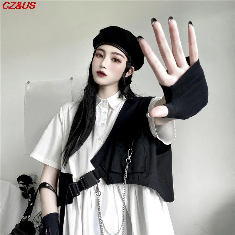 

Fashion 2021 New Korean vintage irregular cropped cargo vest high waist sleeveless jacket punk hip hop long ribbon waistcoat