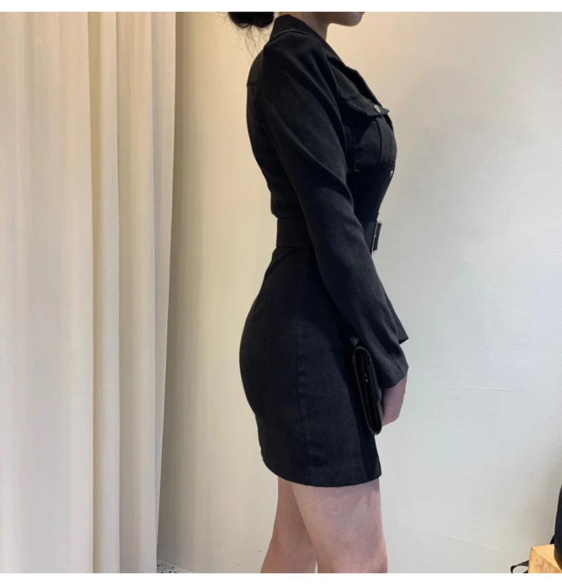 Trytree Autumn Winter Women Casual Dress Turn-down Collar Single Breasted Pockets Belt 5 Colour Slim fit Fashion Mini Dress
