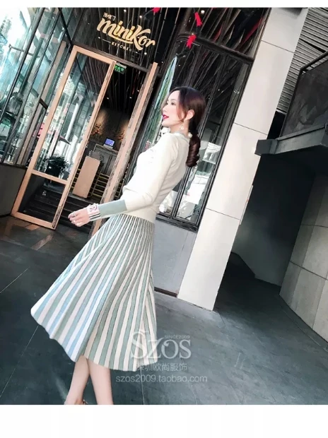 

Knit 2 Piece Office Set Women Elegant Striped Skirt Set Long sleeves Bow Elastic Waist A-line Autumn And Winter Ladies Two Piece