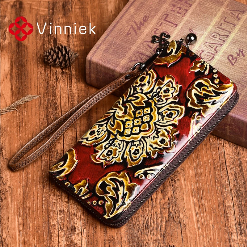 Женский кошелек из 2020 натуральной кожи с тиснением Винтажный Длинный воловьей