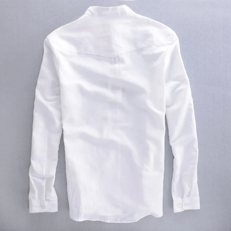 Белая Мужская льняная рубашка с длинными рукавами темно-небесно-голубого цвета