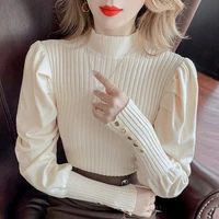 2021 autumn winter new korean pullover solid color lantern sleeve slim shirt knit top regular cotton casual solid