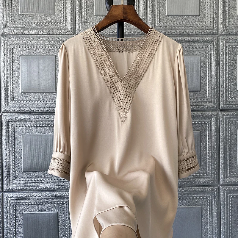 New 100% silk blouses Mulberry silk georgette heavy embroidery round collar shirt S M L XL