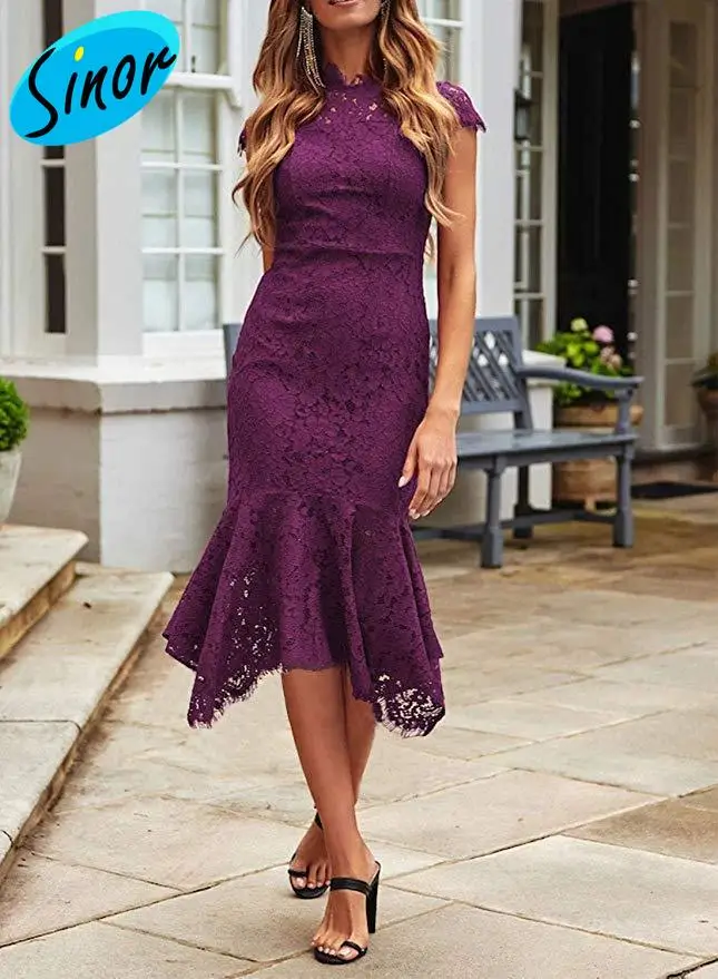 

[Bottom Price]Autumn and Winter Women's Vintage Lace Flower Sleeveless Turtleneck Fishtail Dress Cocktail Evening Dress