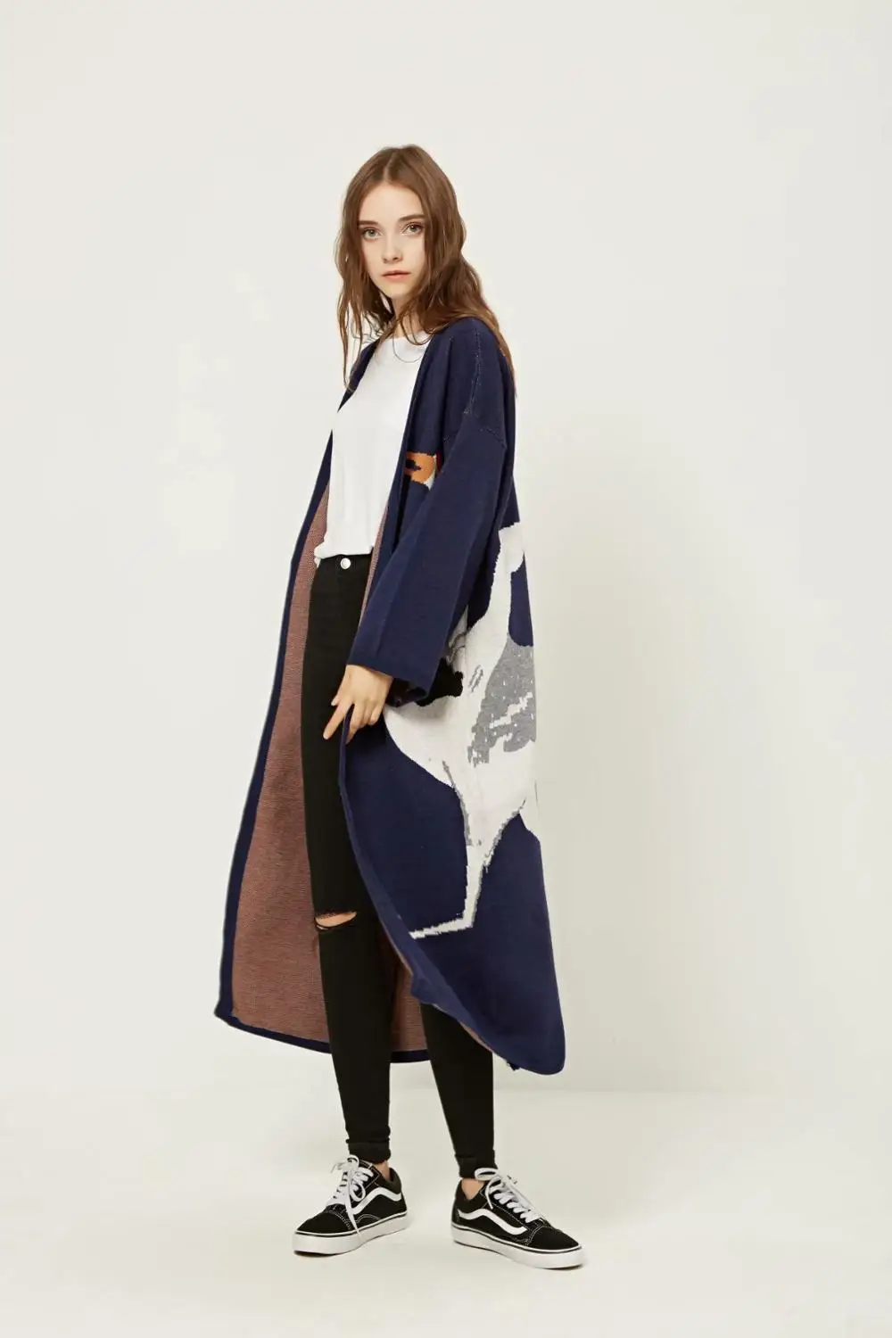 

Women's Autumn winter crane print long sweater Female casual loose long sleeve chic cardigens outware warm Tops TB3937