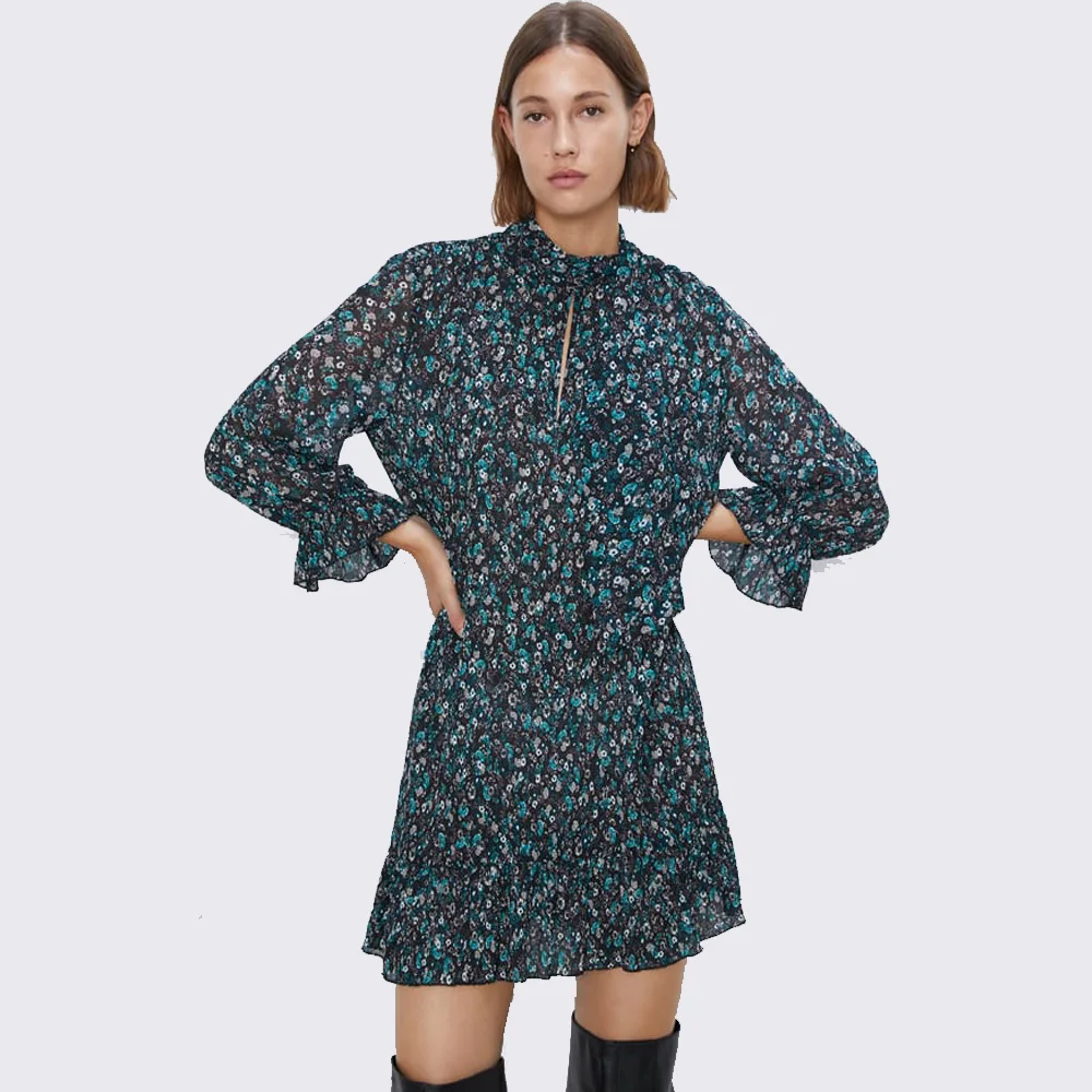 ZA 2019 в осень новое синее платье с принтом богемная модная женская одежда