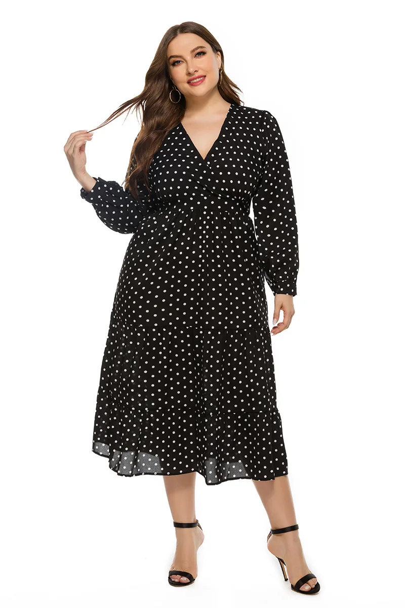 

Donsignet Women Dress 2021 Real Shot Autumn And Winter New Fashion Loose Plus Size Women's V-neck Long Sleeve Polka Dot Dress