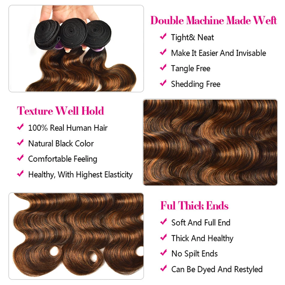Julia Hair FB30 Highlight Human Brazilian Weave Bundles 1/3 Deals Body Wave 100% Virgin |