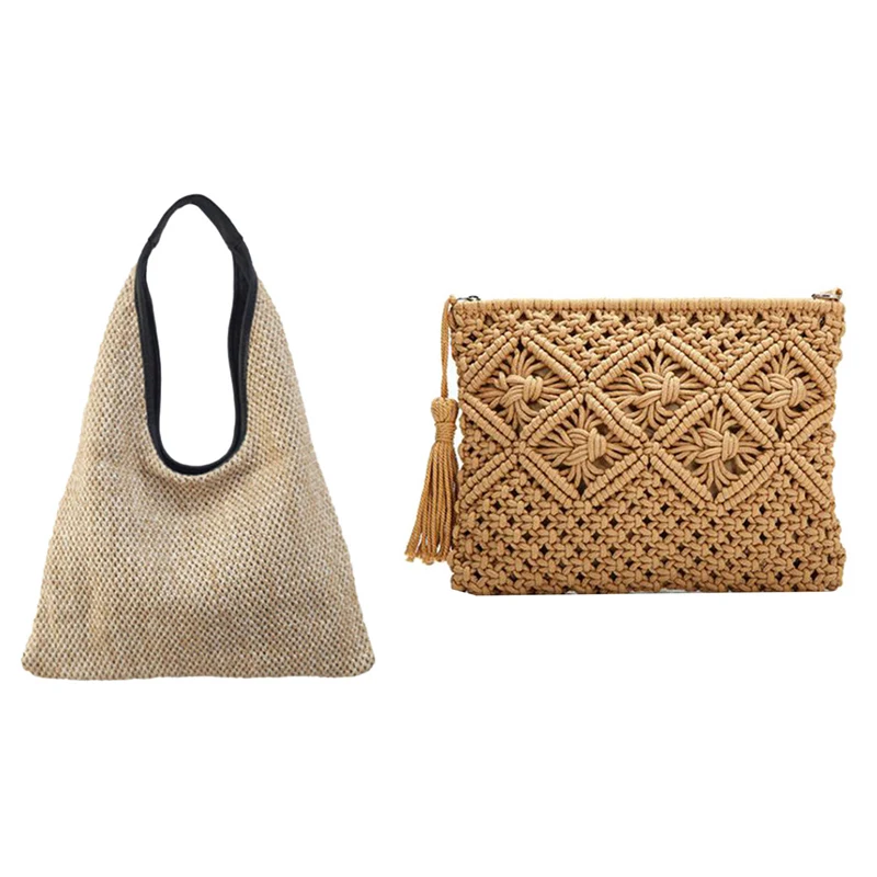 

2PCS Fashion Women Shoulder Bags Wicker Woven Straw BagKhaki with ​Women's Hand-Woven Cotton Bag Straw Woven Bag Khaki