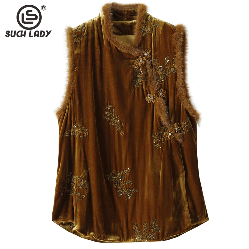 

Women's 100% Silk Velvet Vest Mink Fur Collar Quited Elegant Blouse Tops