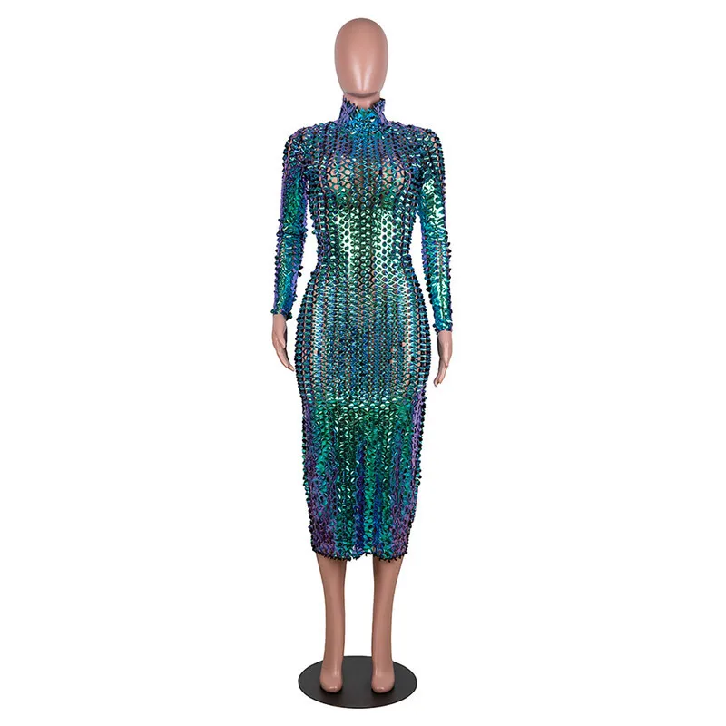 

WJFZQM New Women Shiny Sequins Long Sleeve Nightclub Maxi Dress Mesh See Through Long Elegant Slim Casual Dress Women'S Vestidos