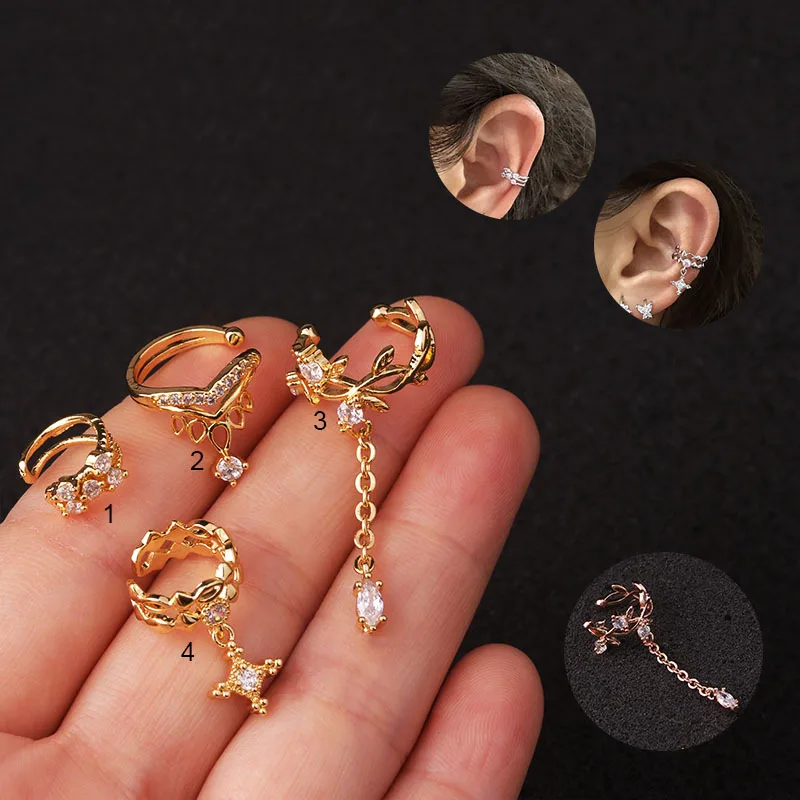 

2021 1Pc Adjustable Cz Ear Cuff No Piercing Conch Cuff Earring With Chain Pendant Helix Cartilage Conch Fake Piercing Jewelry
